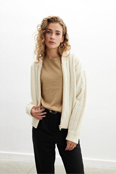 Peraluna Styleboom X Peraluna DOVER BOMBER JACKET Hair Knitted Knitwear Bomber Women's Knitwear Jacket - Ecru
