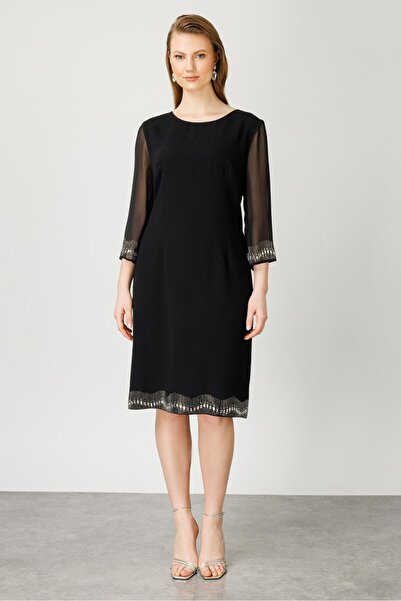 Moda İlgi Modailgi  Kolları ve Etek Ucu Taşlı Elbise Siyah