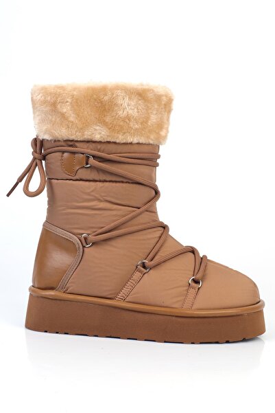 ShoeTek Emelıe Kadın Bot Yaka Kürklü Paraşüt Kumaş Taba
