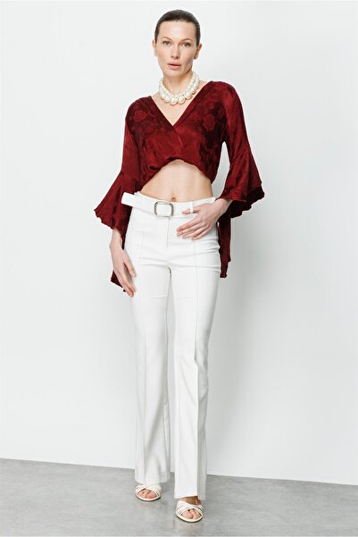 Moda İlgi Modailgi Beli Kemerli Önü Dikişli Pantolon Ekru