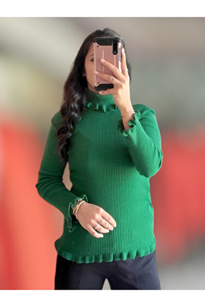 Sublime Butik Дамски зелен плетен пуловер с връзки