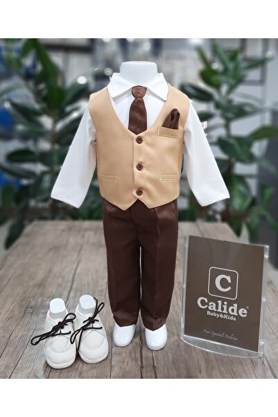 Calide Baby Kravat-Papyonlu Erkek Bebek Takım / Özel Gün Kıyafeti / Hardal + Koyu Kahve