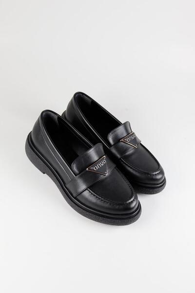 NiceDiffer Kadın Gold Toka Detaylı İçi Yastıklı Taban Siyah Loafer Ayakkabı