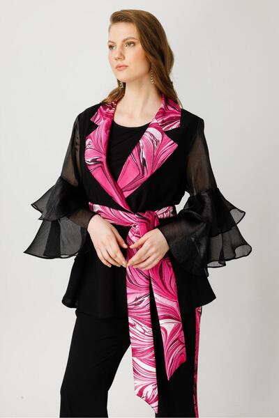 Moda İlgi Modailgi  Kolları Volanlı Yakası Desenli Ceket Fuşya