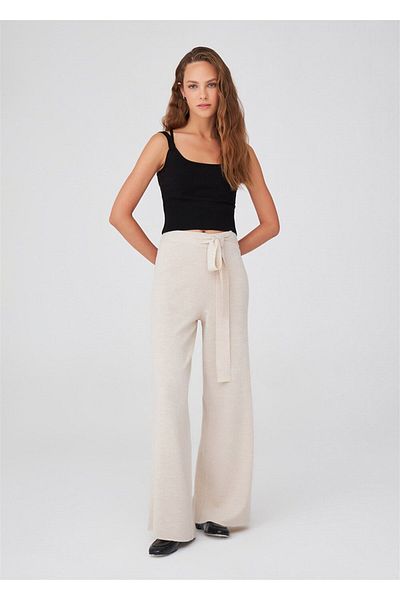 Peraluna Pipe Leg High Waist Women's Knitwear Trousers - Ecru Melange