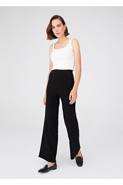 Peraluna Ribana Örgü Rahat Kesim Boru Paça Triko Pantolon - Siyah
