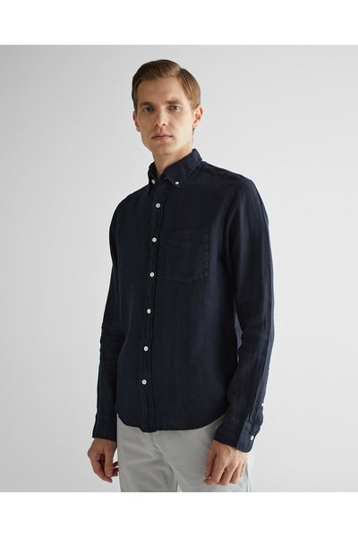 Gant Erkek Siyah Regular Fit Düğmeli Yaka Keten Gömlek