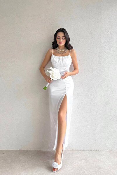 EMAYS DESIGN İnce Askılı Göğüs Drapeli Saten Siyah Elbise