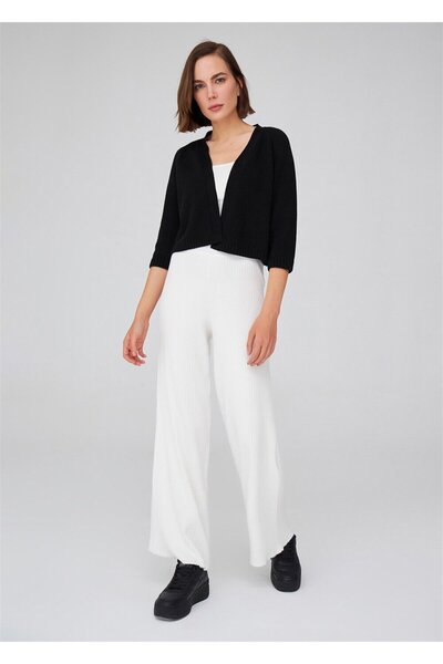 Peraluna Ribana Örgü Rahat Kesim Boru Paça Triko Pantolon - Ekru