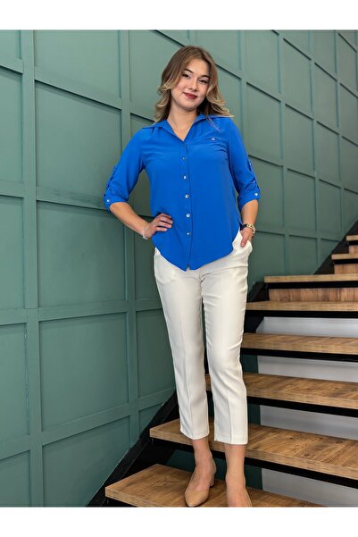 AYHAN Cămașă șifonată cu mâneci trei sferturi - cu nasturi în față