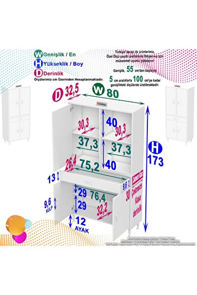 Modilayn YENİ AFRA 80x173x32,5 cm 1 Çekmece 4 Kapak 3 Raf 6 Bölme Çok Amaçlı Banyo & Mutfak Dolabı