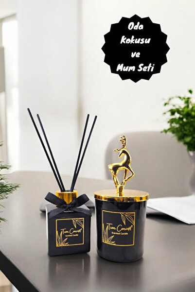 Tiem Concept Geyik Başlıklı Gold Detaylı 100 ml Çubuklu Oda Kokusu Ve Siyah Mum Seti