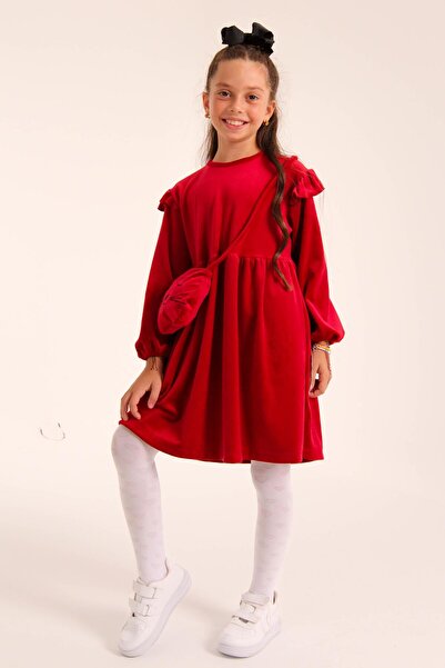 Perendi Kedi Desenli Çantalı Kız Çocuk Kadife Elbise Kırmızı