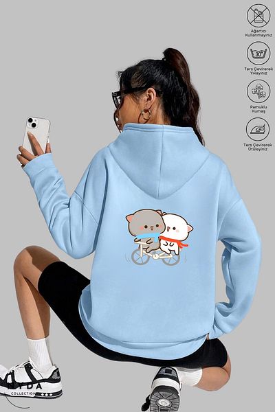 Nyda Collections Hanorac cu mânecă lungă unisex - Bubu Dudu Bike Print, hanorac cu glugă, bumbac supradimensionat