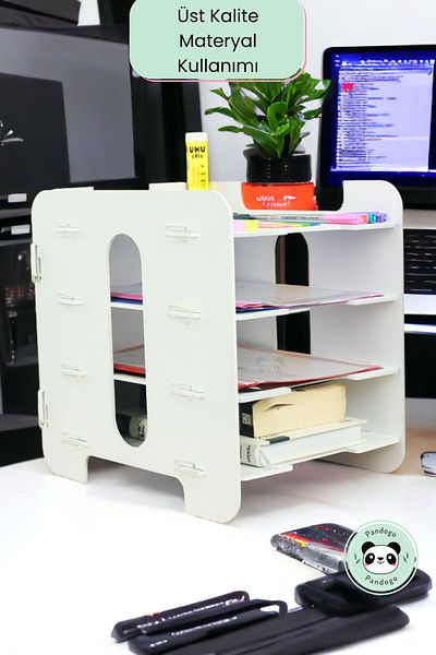 Pandogo A4 Document Rack White Color Desktop Wooden File Organizer - Model 1