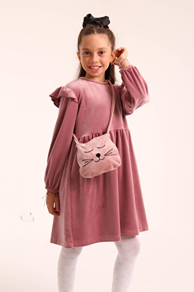 Perendi Κοριτσίστικο βελούδινο φόρεμα - Dusty Rose Cat Pattern με τσάντα