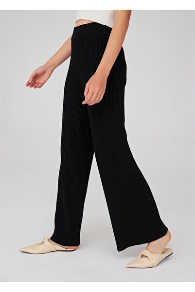 Peraluna Loose Cut Cashmere Mixed Tube Leg Women's Knitwear Trousers - Black