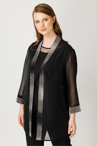 Moda İlgi Modailgi Collar and Arm Cuff Jewelled Double Chiffon Tunic Black