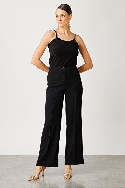 Moda İlgi Чорні блискучі штани Modailgi 7569 з жакардовою стрічкою