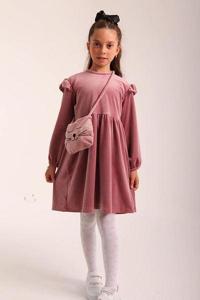 Perendi Κοριτσίστικο βελούδινο φόρεμα - Dusty Rose Cat Pattern με τσάντα