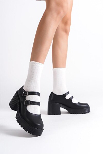 NiceDiffer Kadın Kaydırmaz Tabanlı Çift Tokalı Cilt Loafer Ayakkabı