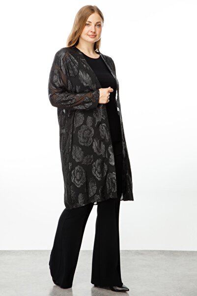 Moda İlgi سترة سوداء طويلة من قماش الجاكار الزهري اللامع - تصميم مزدوج من Fashionilgi