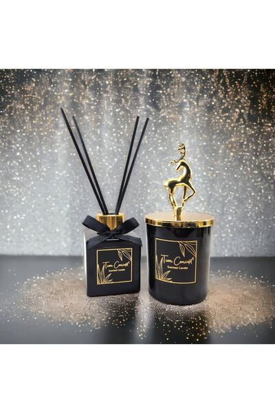 Tiem Concept Geyik Başlıklı Gold Detaylı 100 ml Çubuklu Oda Kokusu Ve Siyah Mum Seti