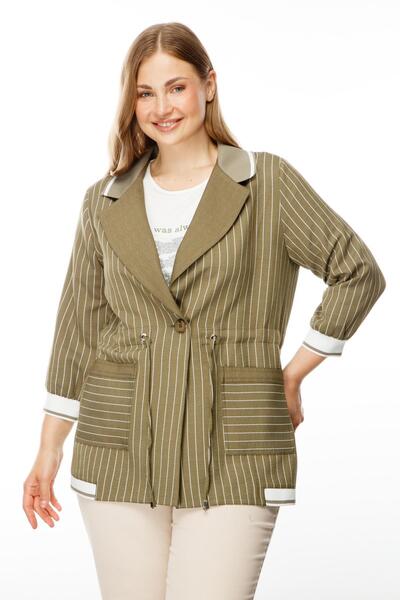 Moda İlgi Khaki Colored Striped Modailgi Double Jacket - Rib Detailed