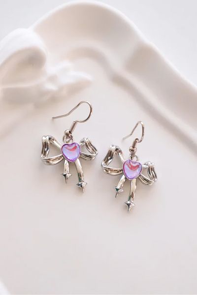 EFBUTİK Purple Stone Heart Bow Imported Earrings