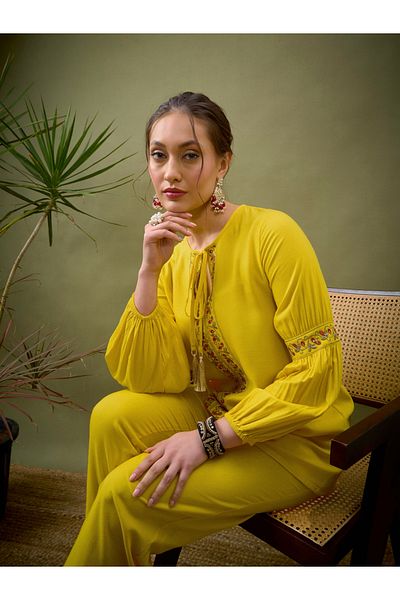 Sassafras By Styli Embroidery Detail Top with Tassel & Pants Co-Ord