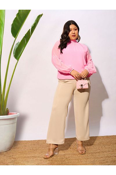 Sassafras By Styli Plus High Neck Top with Bishop Sleeve