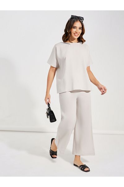 Styli Textured Round Neck Top & Wide Leg Pants Co-Ords