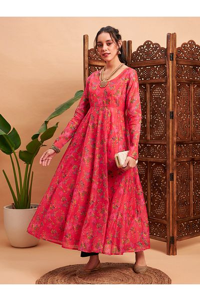 Sassafras By Styli Floral Print Chanderi Pleat Detail Anarkali Maxi Kurta