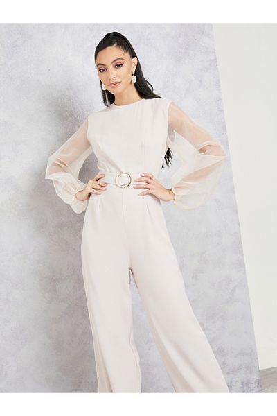 Styli Organza Sleeves Belted Wide Leg Jumpsuit