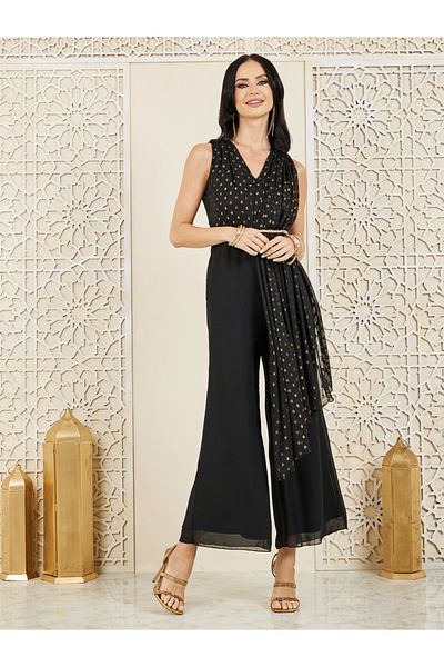 Styli Dobby Pleated Overlay Wide Leg Jumpsuit