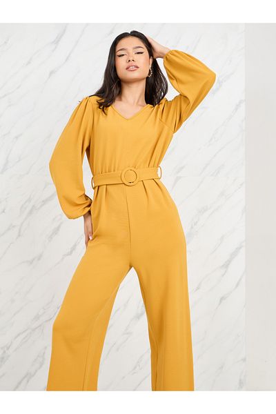 Styli Textured Knit Belted Wide Leg Jumpsuit