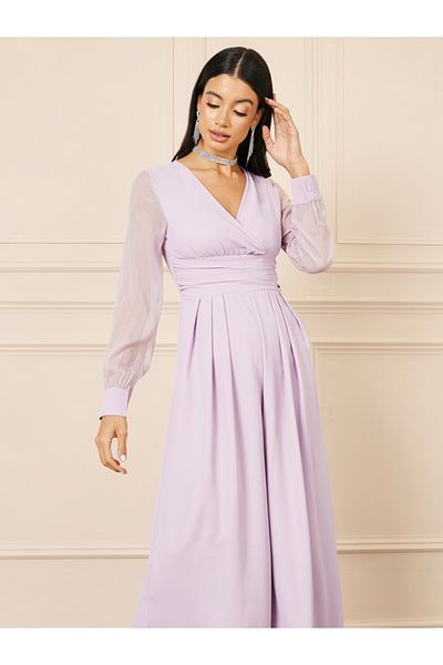 Styli Organza Sleeves Pleated Detail Wide Leg Tailored Jumpsuit