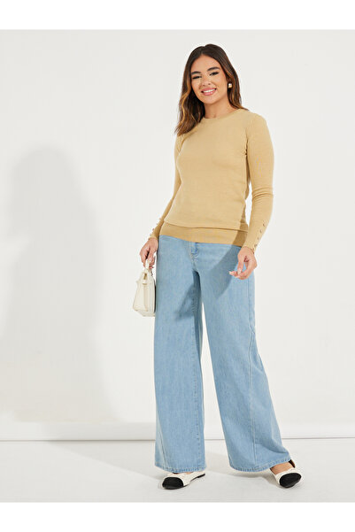 Styli Slim Fit Round Neck Sweater with Button Cuff Detail