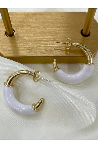 YASİN TOPÇU Steel Gold White Half Hoop Earrings