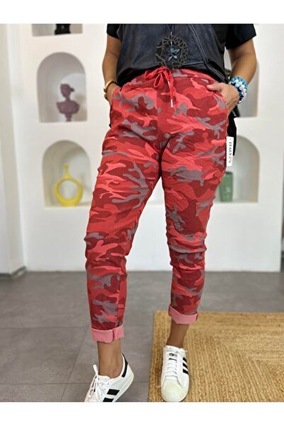 Butik Ayseba Park Moda Kamuflaj Kırmızı İtalyan Gabardin Pantolon
