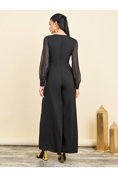 Styli Organza Sleeves Pleated Detail Wide Leg Tailored Jumpsuit