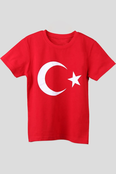 e-çocuk Unisex Children's T-Shirt - Crew Neck, Turkish Flag, Short Sleeve