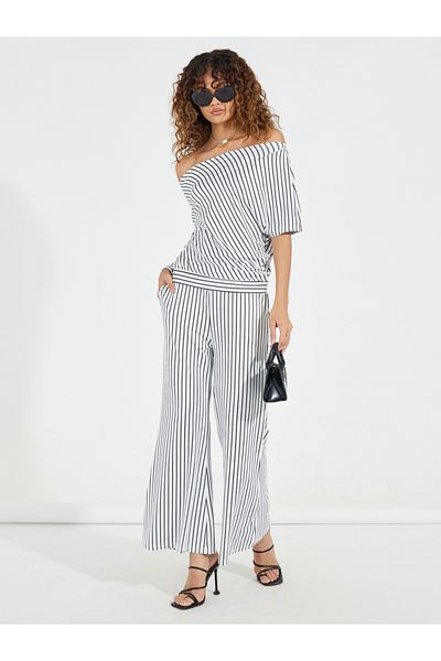Causey By Styli Striped Off Shoulder Top & Flared Pants Co-Ords