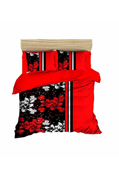 Fabeteks White and Red Flowers Striped 3D Digital Double Bedding Set