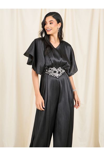 Styli Embellished Waist V Neck Wide Leg Jumpsuit