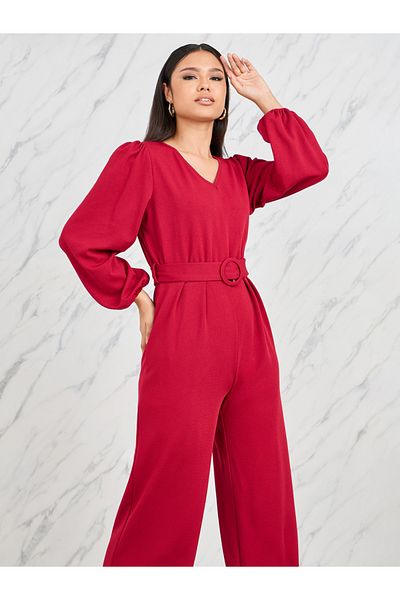 Styli Textured Knit Belted Wide Leg Jumpsuit