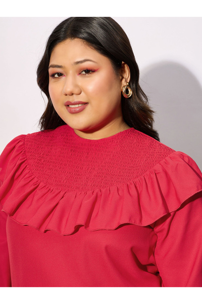 Sassafras By Styli Plus Solid Smocking Detail Frill Top