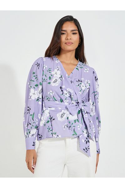 Styli Floral Print Wrap Top with Volume Cuffed Sleeves