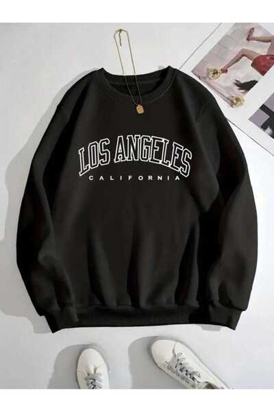 HEAVEN WEAR سويت شيرت أسود برقبة دائرية مطبوع من لوس أنجلوس