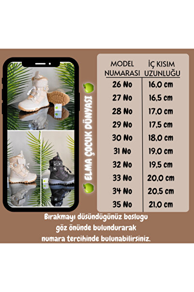Elma Çocuk İçi Yünlü Kürklü Suya Dayanıklı Anatomik Bebek Çocuk Kışlık Kar Yağmur Midi Bot Ayakkabı